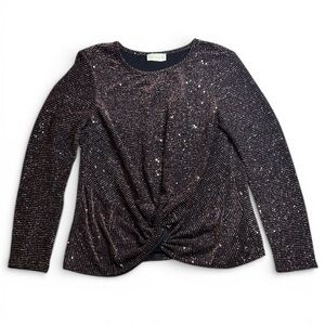 Lucy & Laurel Sparkling Black Long Sleeve Top sz L knot front detail